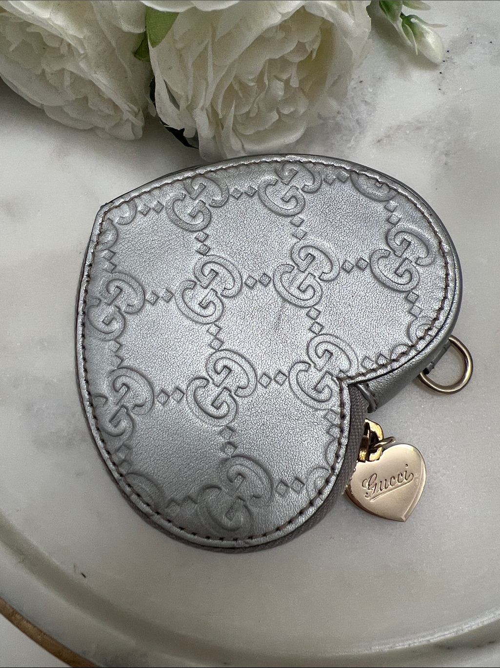 Gucci Metallic Silver Heart Coin Case With Gold Heart Charm
